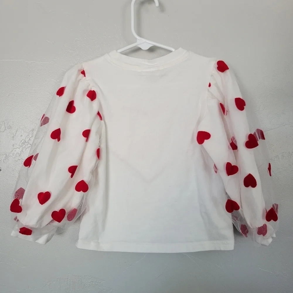 Little Girls White Long Sleeve Shirt Red Heart Velvet Pearl's Tulle Statement 3T